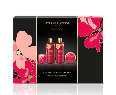 Baylis & Harding Darčeková sada starostlivosti o telo so sviečkou Čerešňový kvet 4 ks