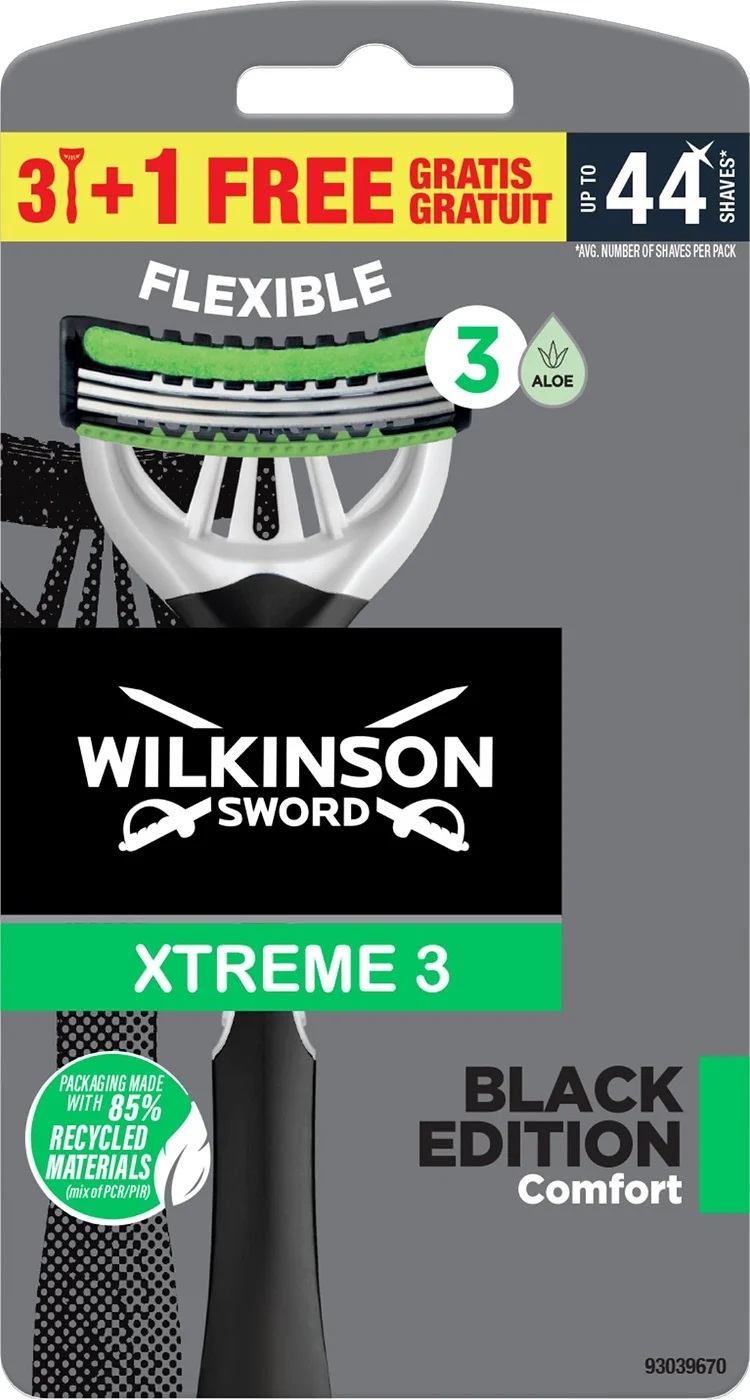 Wilkinson Sword Jednorazový holiaci strojček pre mužov Xtreme 3 Black Edition Comfort 3+1 ks Wilkinson Sword Jednorazový holiaci strojček pre mužov Xtreme 3 Black Edition Comfort 3+1 ks